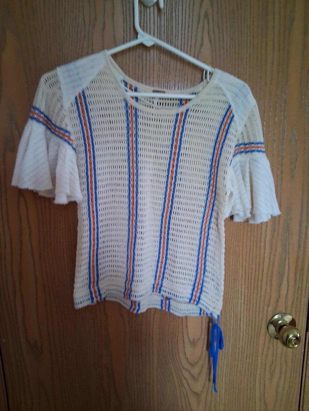 Free People Cream Crochet Short-Sleeve Top with Blue & Orange Stripes